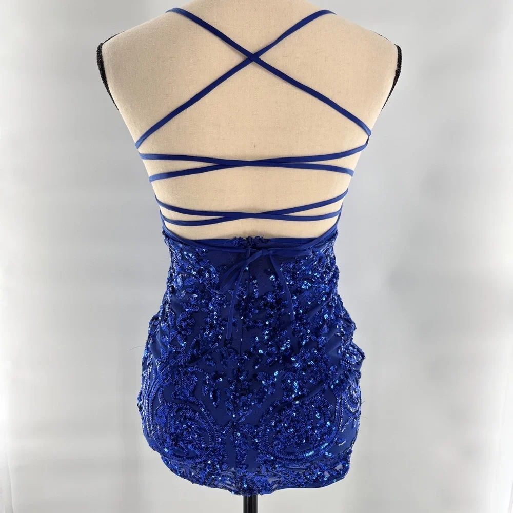 Lulus Elegant Blue Mini Sequin Dress S Homecoming Prom Navy sparkly open back